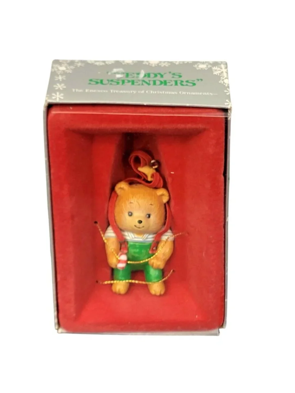Enesco Vintage 1987 Christmas Tree Ornament Hanging Teddy Suspenders Box 80s Dec